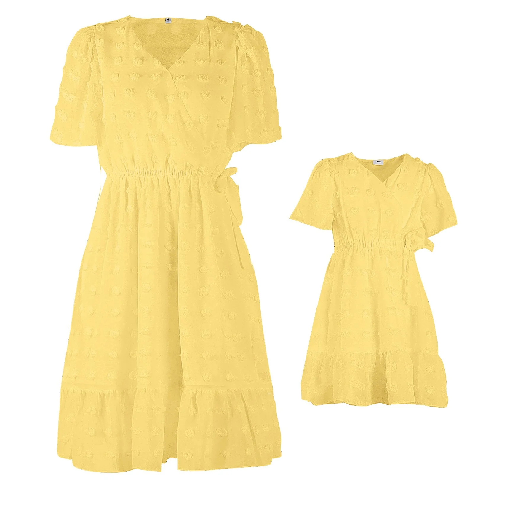 Robe assortie pour mère et fille, col en V, manches courtes – Image 5