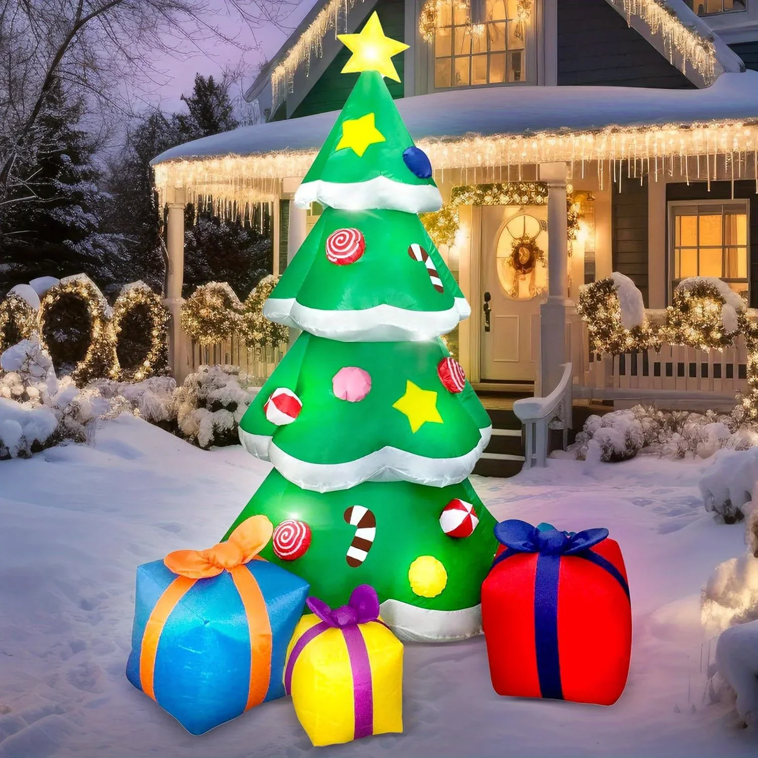 Décoration gonflable extérieure de sapin de Noël de 7 pieds, grand sapin de Noël avec 3 boîtes-cadeaux et lumières LED intégrées pour décor de jardin de Noël – Image 2