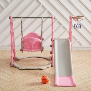 Balancelle et toboggan 3-en-1 pour enfants avec panier de basket, structure de jeu d'escalade intérieure et cadre sécurisé en PE (3-6 ans)