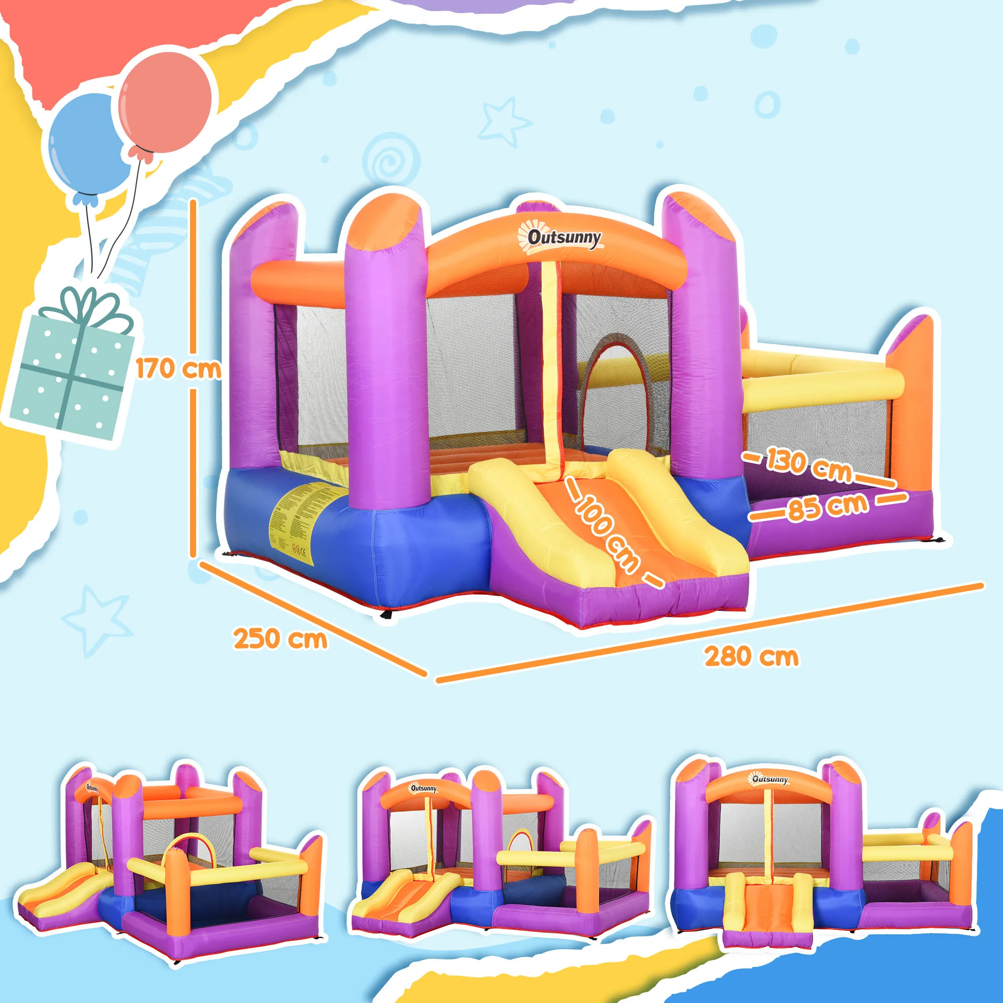 Château gonflable Outsunny avec toboggan et piscine, maison gonflable multicolore avec souffleur – Image 3