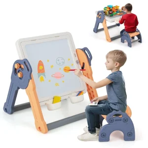 Table et chaise pour enfants multifonction 6 en 1, chevalet pliable avec plateau pour blocs de construction, tableau blanc, table à sable/eau et rangement (Ages 3-8, charge max 75 kg)