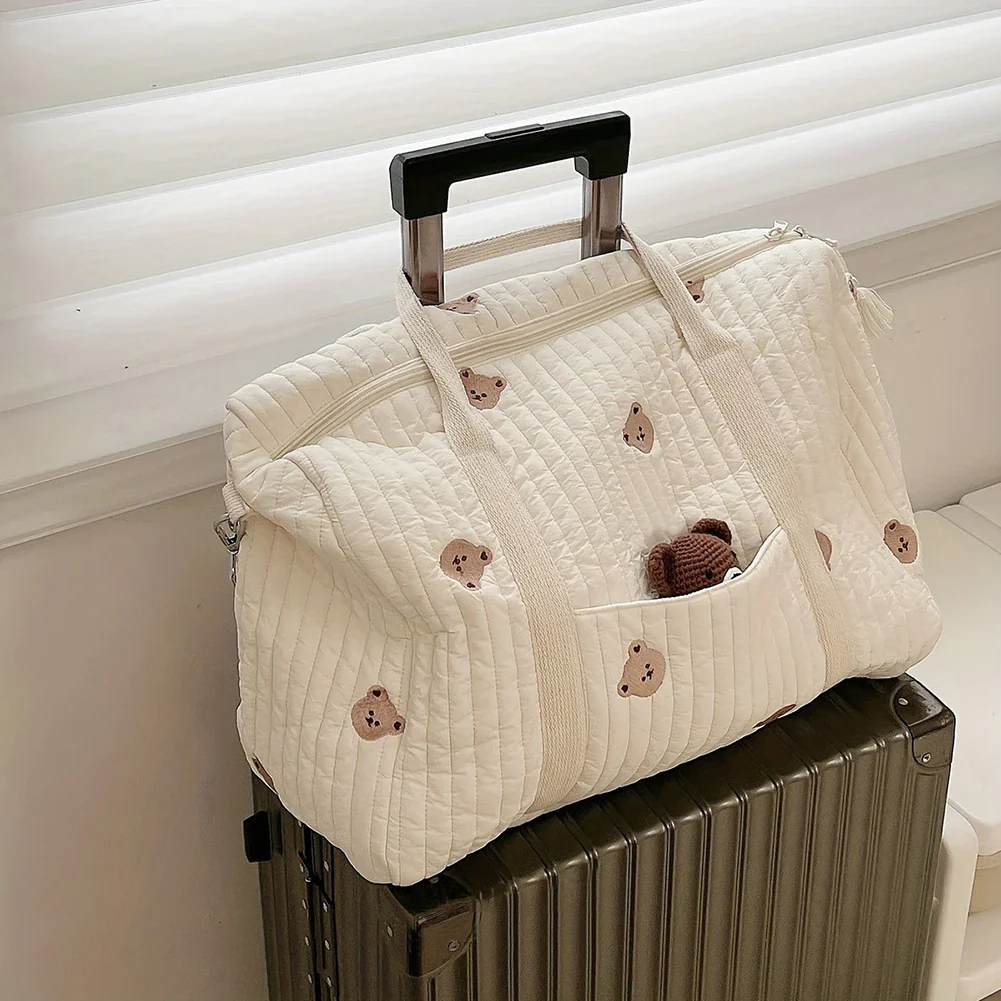 Sac à couches brodé et matelassé pour bébé, grand sac messager avec fermeture éclair, tissu en coton doux pour hôpital et voyage (motif Lapin/Tulipe) – Image 5