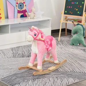 Licorne interactive pour enfant avec bouche mobile, queue battante et sons de galop réalistes, base en bois (3-6 ans)