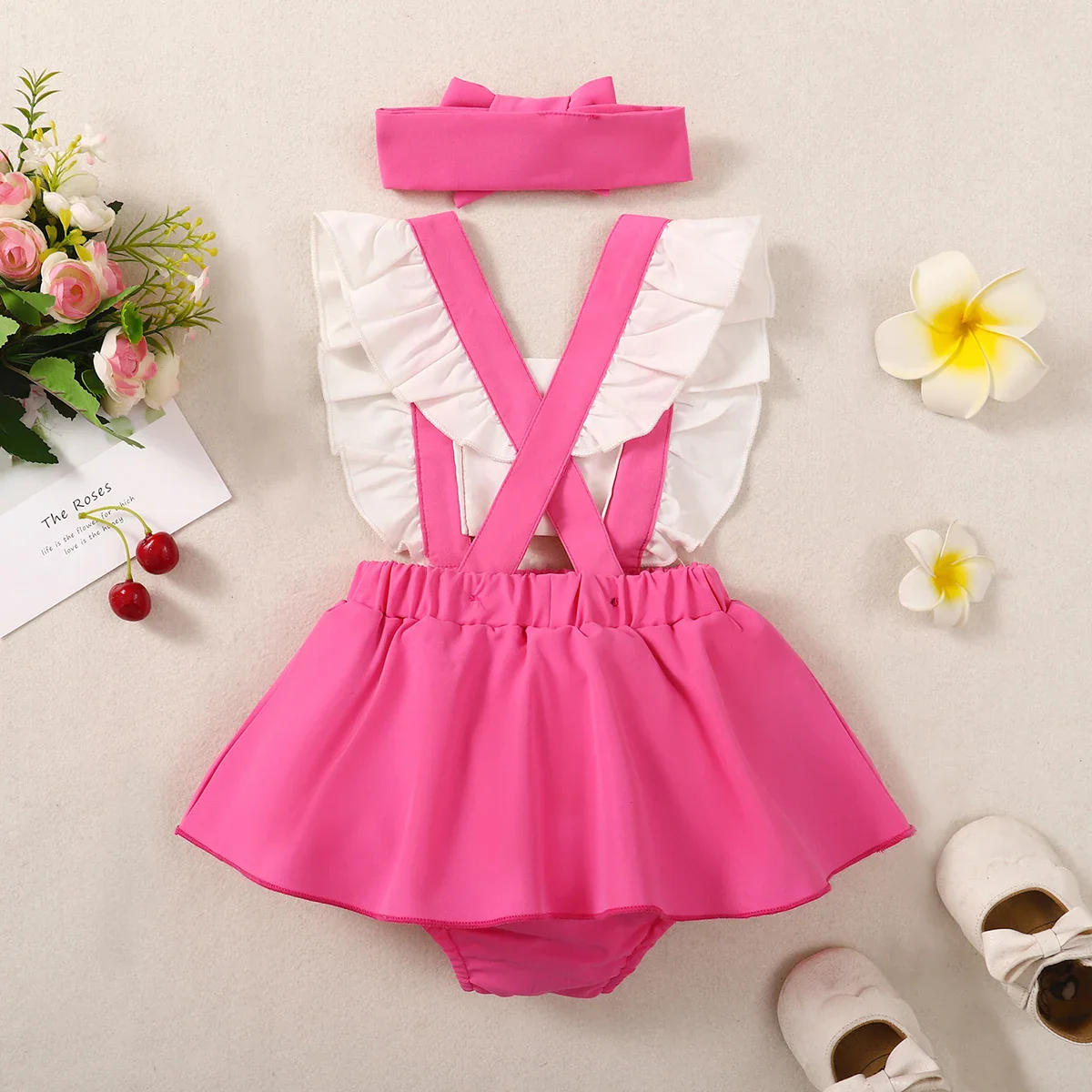 Ensemble robe d'été rose avec accessoires pour cheveux pour tout-petits – Image 4