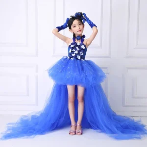 Robe de soirée en tulle bleu roi à paillettes pour filles