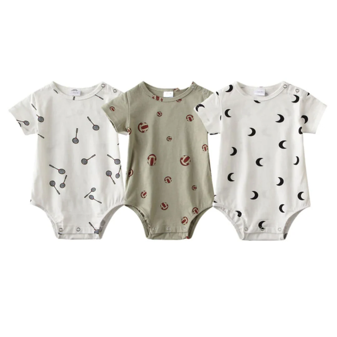 Lot de 3 grenouillères à manches courtes en coton doux pour bébé, motif imprimé – Image 2