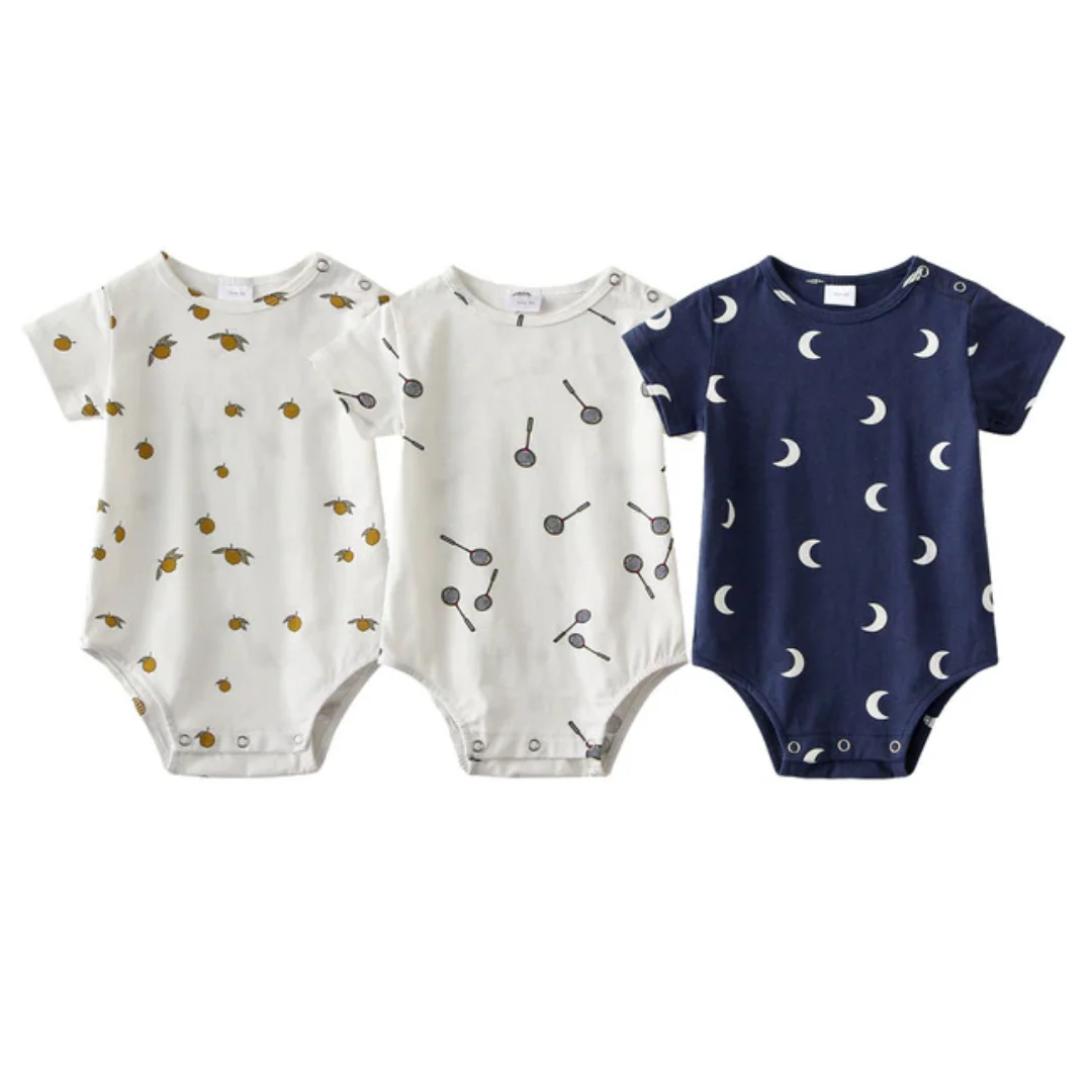 Lot de 3 grenouillères à manches courtes en coton doux pour bébé, motif imprimé – Image 3