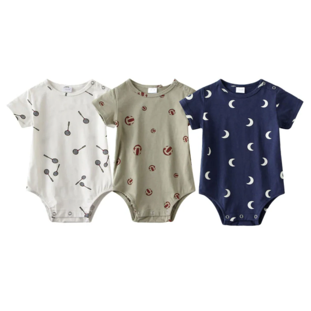 Lot de 3 grenouillères à manches courtes en coton doux pour bébé, motif imprimé – Image 5