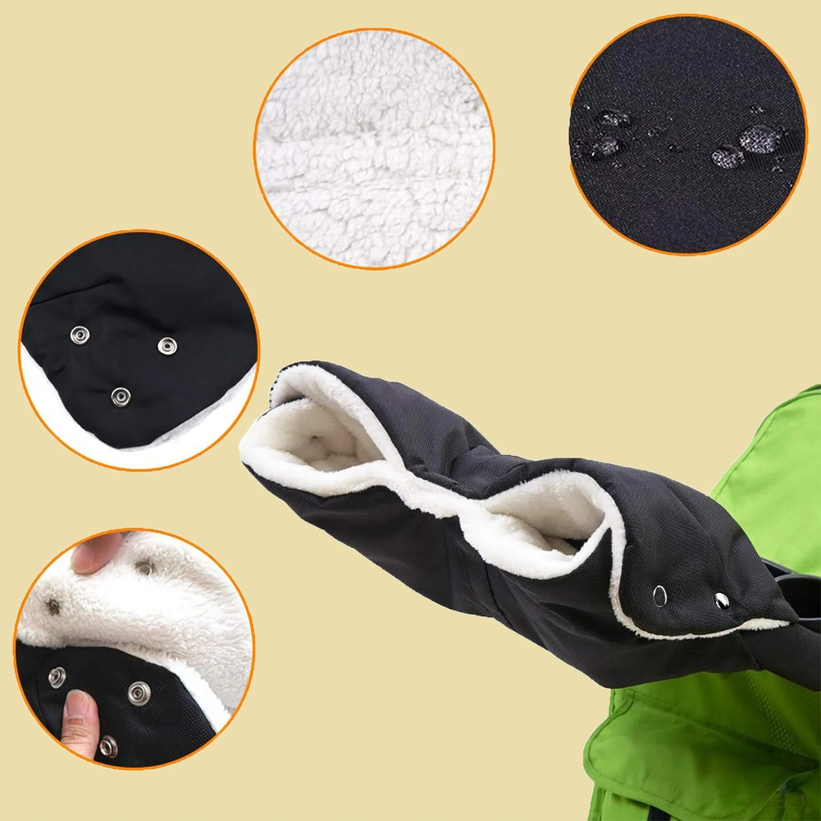 Manchon hiver pour poussette, protection imperméable pour mains de poussette avec doublure polaire, taille universelle pour poignées simples de poussettes (Noir) – Image 3