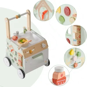 Pousseur bébé en bois 3-en-1 avec centre d'activité cuisine, hauteur et vitesse réglables, jouet de marche Montessori pour tout-petits (prévention des jambes arquées)
