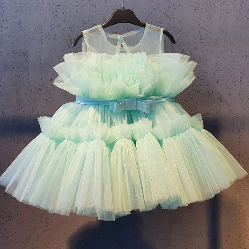 Robe de soirée formelle pour bébé fille à manches bouffantes en maille unie – Image 7