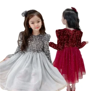 Robe de soirée princesse scintillante à manches longues et haut à paillettes