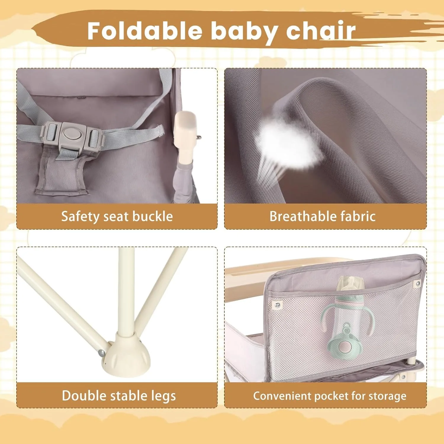 Chaise haute ultra-portative et pliable avec plateau détachable et ceinture de sécurité, siège de repas compact pour le camping, les sorties au restaurant et une utilisation intérieure/extérieure – Image 6