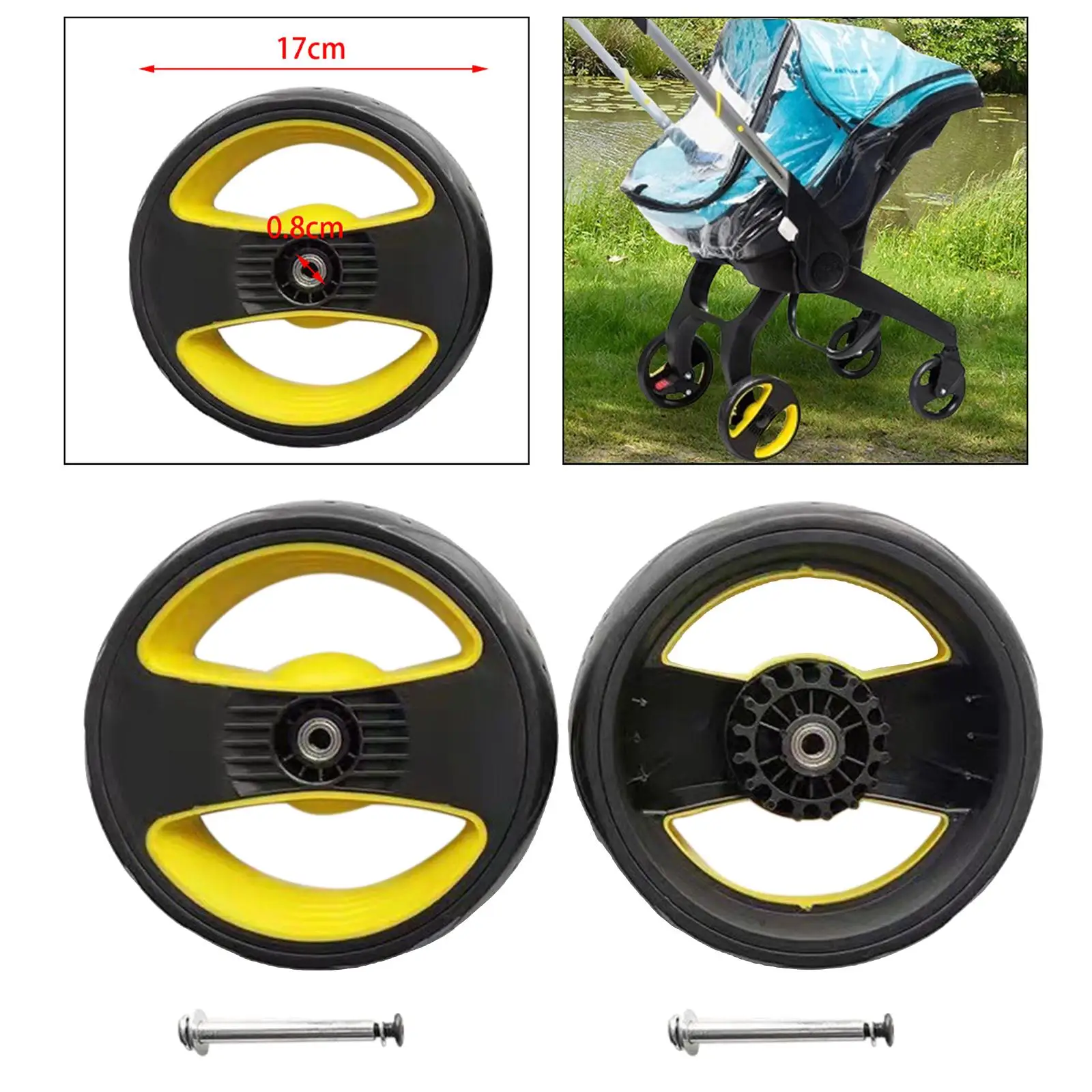 Remplacement universel de roues pour poussette bébé, pièces de rechange durables en PU/caoutchouc pour landau, diamètre 17 cm avec trou d'axe de 8 mm (2 pièces) – Image 3