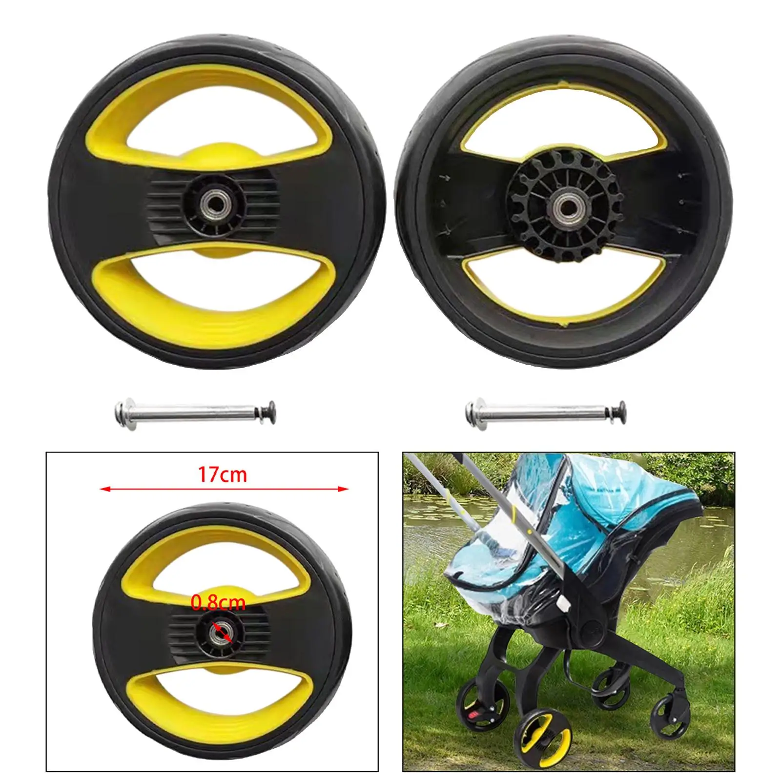 Remplacement universel de roues pour poussette bébé, pièces de rechange durables en PU/caoutchouc pour landau, diamètre 17 cm avec trou d'axe de 8 mm (2 pièces) – Image 4