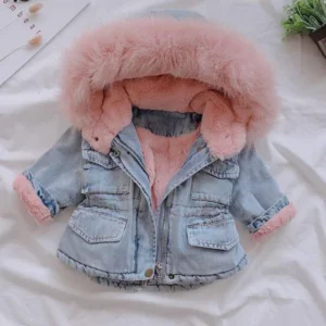 Veste en jean à capuche en fourrure pour fille