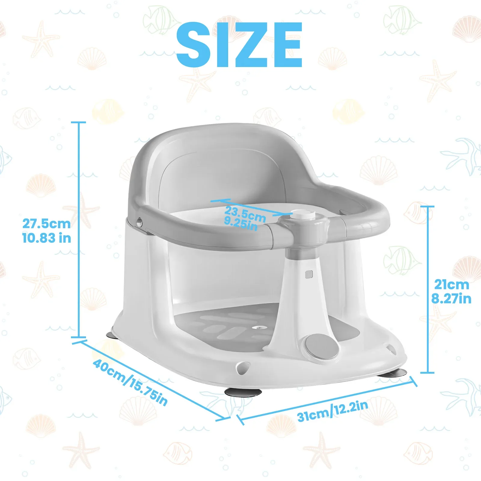 Siège de bain bébé vertical (6-24 mois) avec garde-corps rotatif à 360°, bouton sonore, dossier ergonomique et 4 ventouses puissantes – Image 2