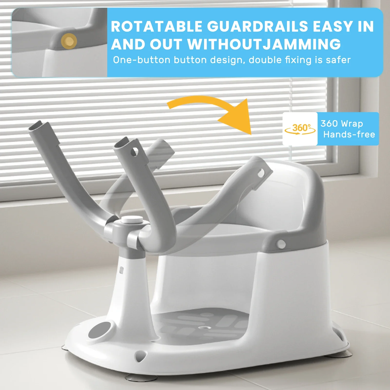 Siège de bain bébé vertical (6-24 mois) avec garde-corps rotatif à 360°, bouton sonore, dossier ergonomique et 4 ventouses puissantes – Image 3