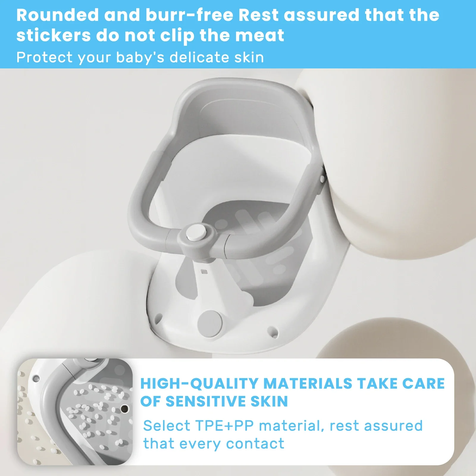 Siège de bain bébé vertical (6-24 mois) avec garde-corps rotatif à 360°, bouton sonore, dossier ergonomique et 4 ventouses puissantes – Image 4