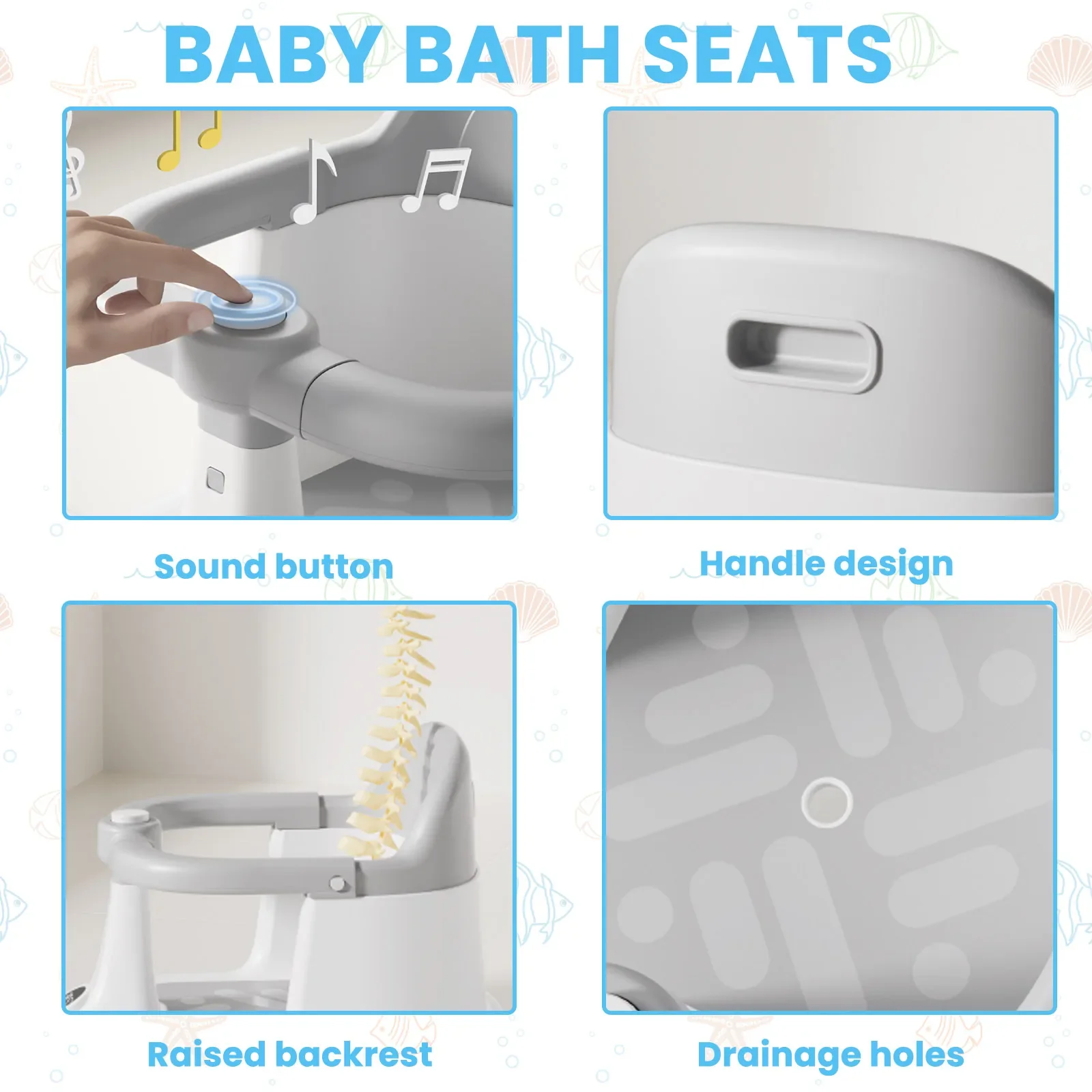 Siège de bain bébé vertical (6-24 mois) avec garde-corps rotatif à 360°, bouton sonore, dossier ergonomique et 4 ventouses puissantes – Image 5
