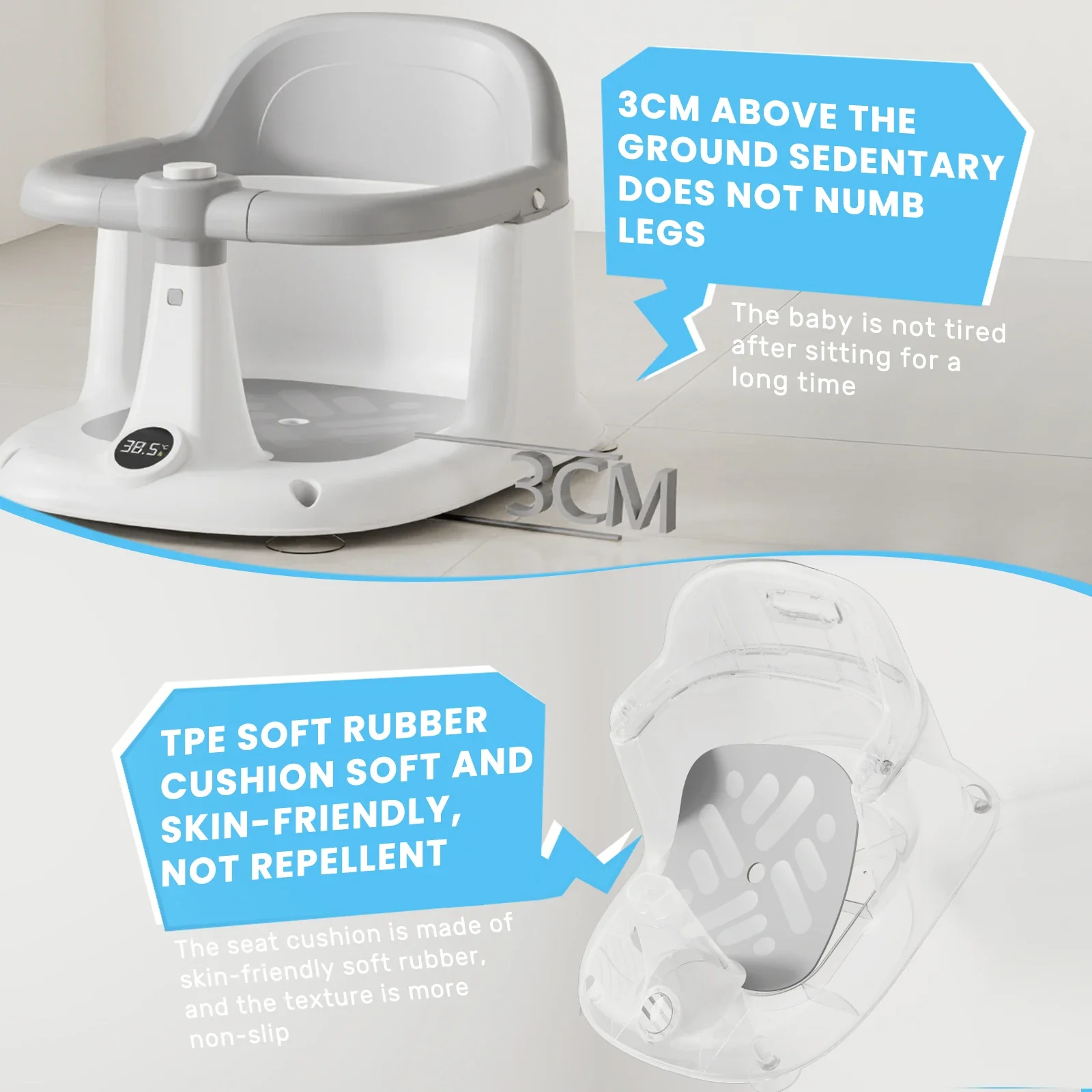 Siège de bain bébé vertical (6-24 mois) avec garde-corps rotatif à 360°, bouton sonore, dossier ergonomique et 4 ventouses puissantes – Image 6