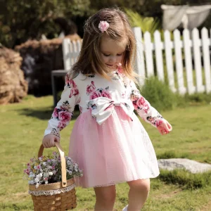 Robe bébé fille à manches longues avec motif vintage de roses et de nœuds