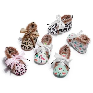 Chaussures d'hiver pour bébé en cuir PU souple et fourrure, semelles en caoutchouc