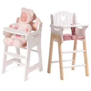 Chaise haute en bois pour poupée – Meuble de jeu pour bébé avec ceinture de sécurité et plateau mobile