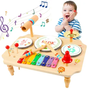 Kit de batterie et de musique en bois pour enfants – Instrument éducatif multifonction en bois avec xylophone, batterie, cymbale et cloche, cadeau éducatif pour les 1 à 5 ans
