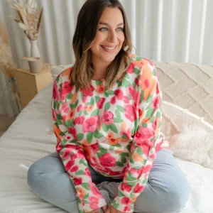 Chandail lainage fleuri rose/orangé