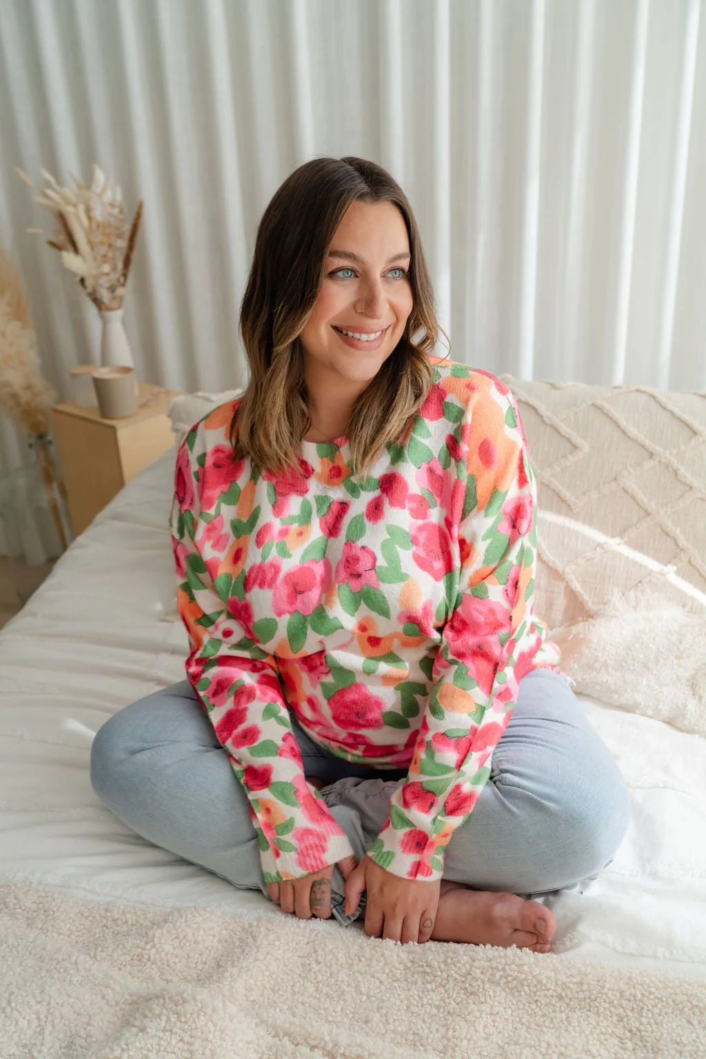 Chandail lainage fleuri rose/orangé