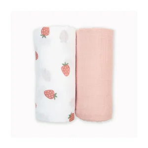Ensemble de 2 couverture mousseline de coton fraise et rose uni