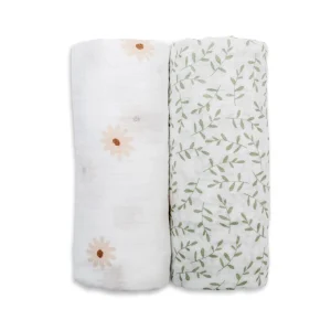 Ensemble de 2 couverture mousseline de coton marguerite et feuillage