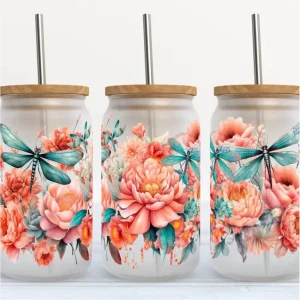Verre 16oz Libellule et fleurs pêche
