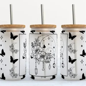 Verre 16oz Lune et papillon monochrome