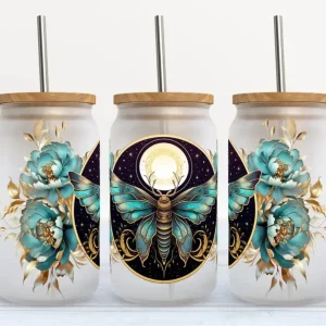 Verre 16oz Lune papillon turquoise